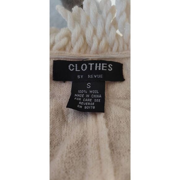 100% Wool Cardigan Sweater Off White Fringed Small Clothes by Revue - Picture 6 of 8